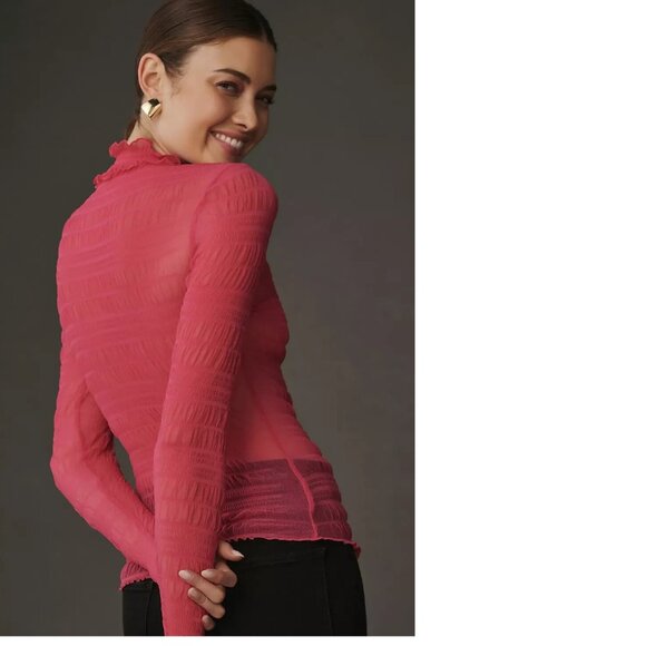 By Anthropologie Pilcro Smocked Mesh Turtleneck Top NEW size L pinK color - Picture 2 of 7